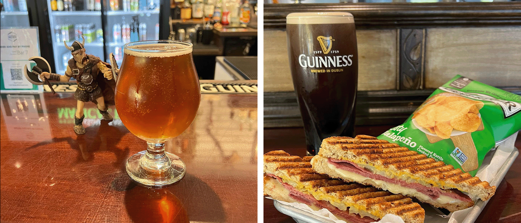 Glass of beer (left) and grilled sandwich (right)